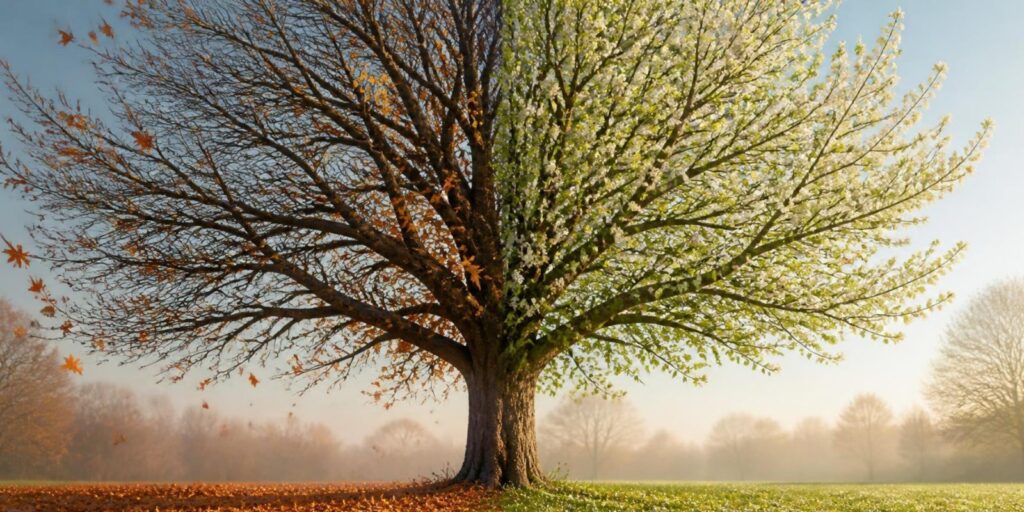 KI-generiertes Bild: Baum halb im späten Herbst mit Laub am Boden, halb im Frühling