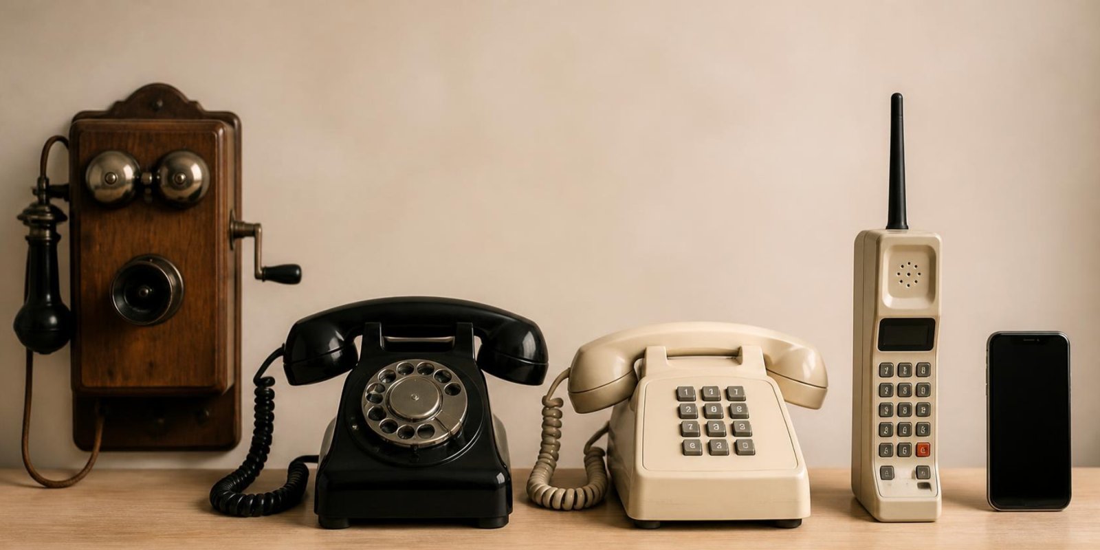 KI-generiertes Bild: vom Kurbeltelefon über Wählscheibe und Tasten bis zum Smartphone